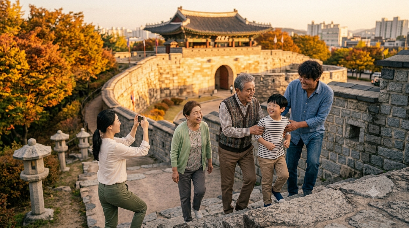 수원 화성을 함께 오르는 3세대 가족