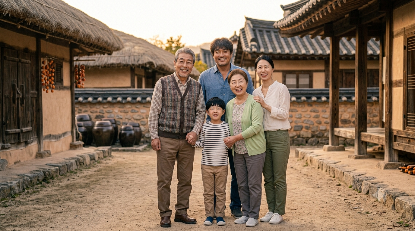 안동 하회마을 한옥 앞의 3세대 가족