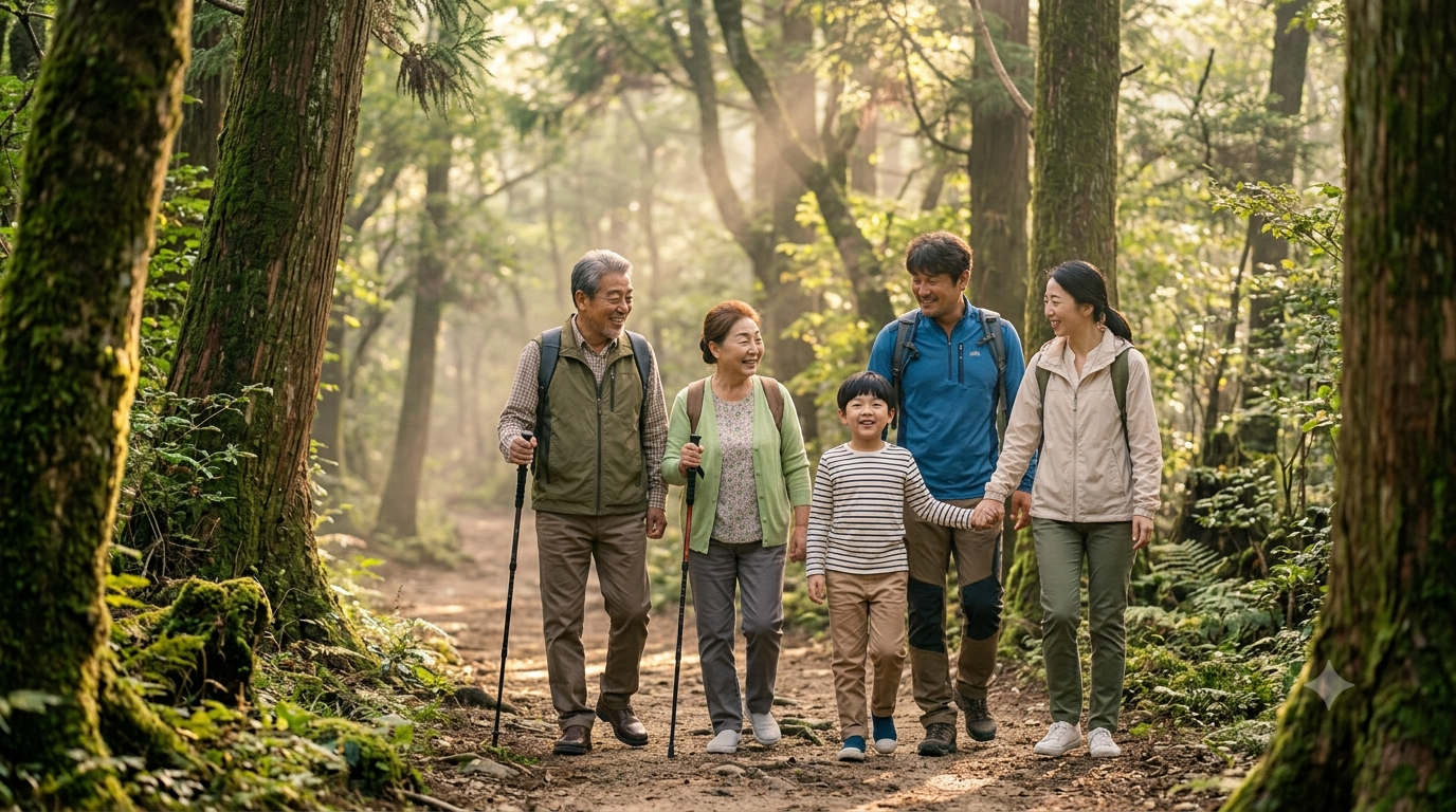 국립공원 숲길을 걷는 3세대 가족