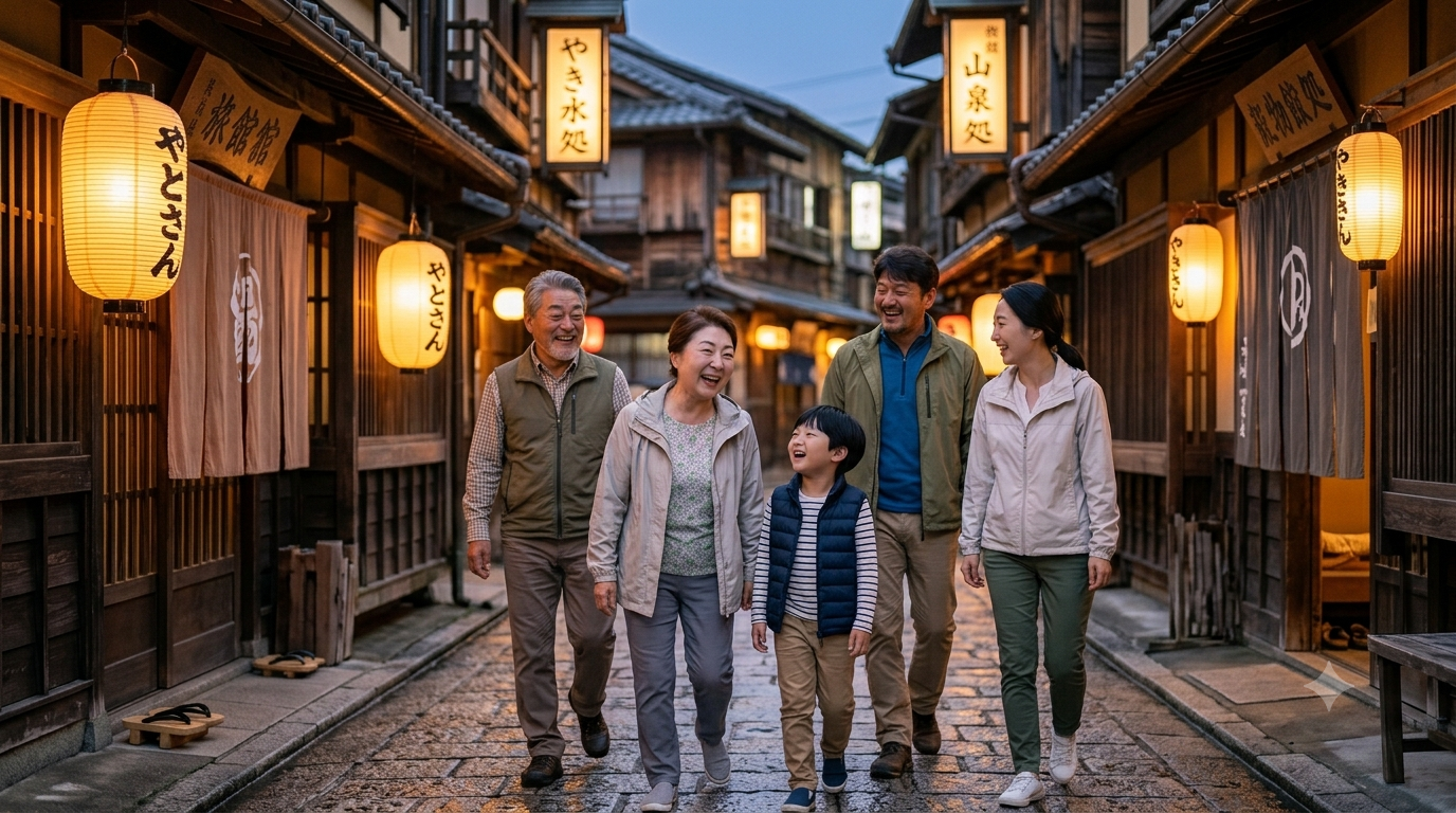 일본 온천 거리를 걷는 3세대 가족