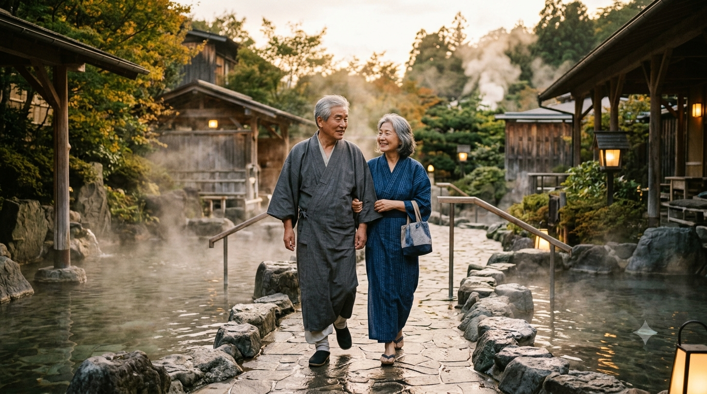 온천 마을을 산책하는 부모님 세대 부부