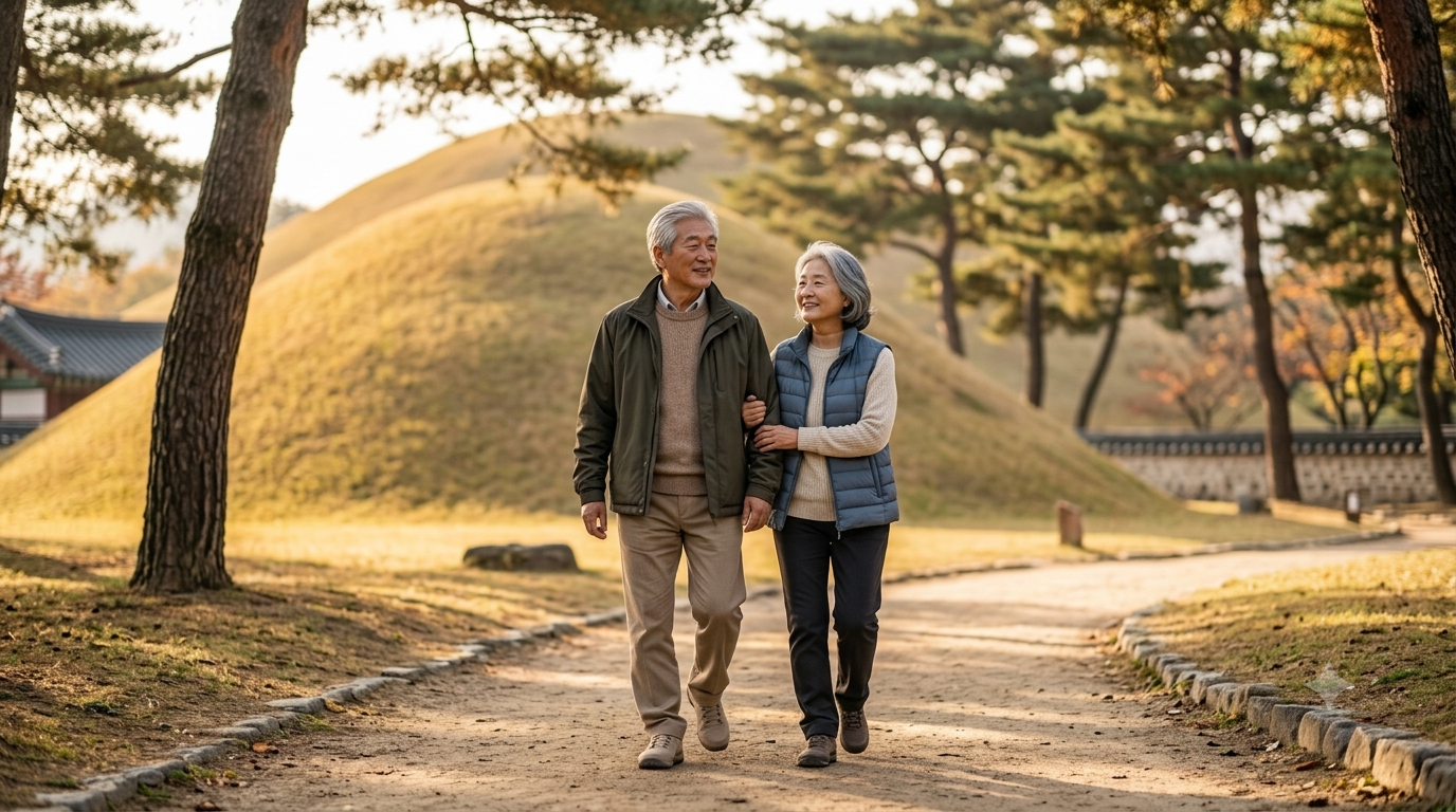 경주 고분공원을 산책하는 부모님 세대 부부