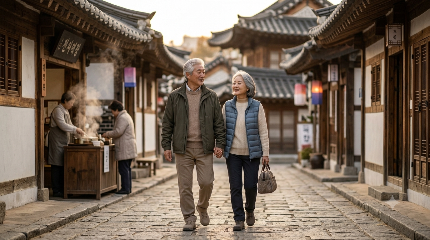 전주 한옥마을을 걷는 부모님 세대 부부