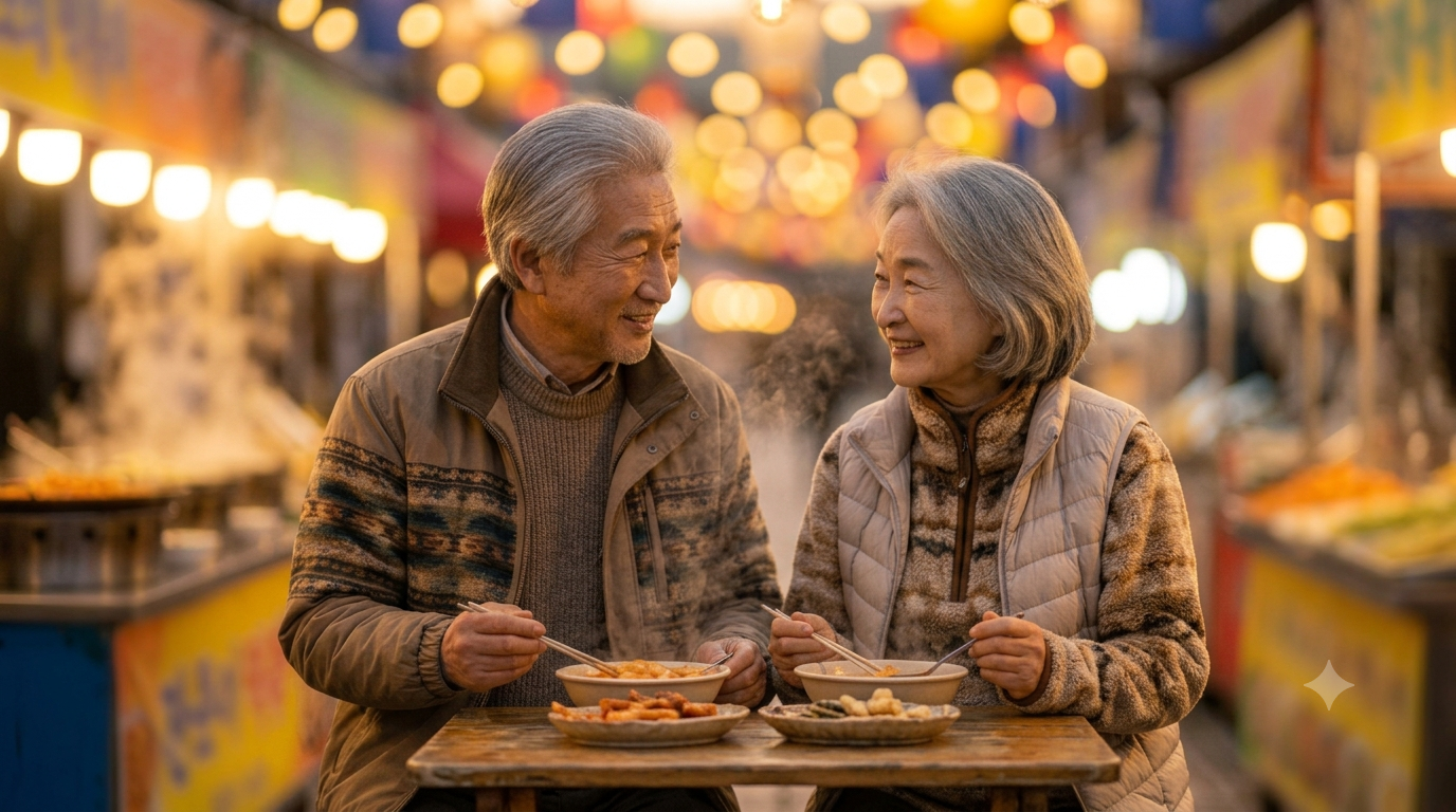 야시장에서 미식을 즐기는 부모님 세대 부부